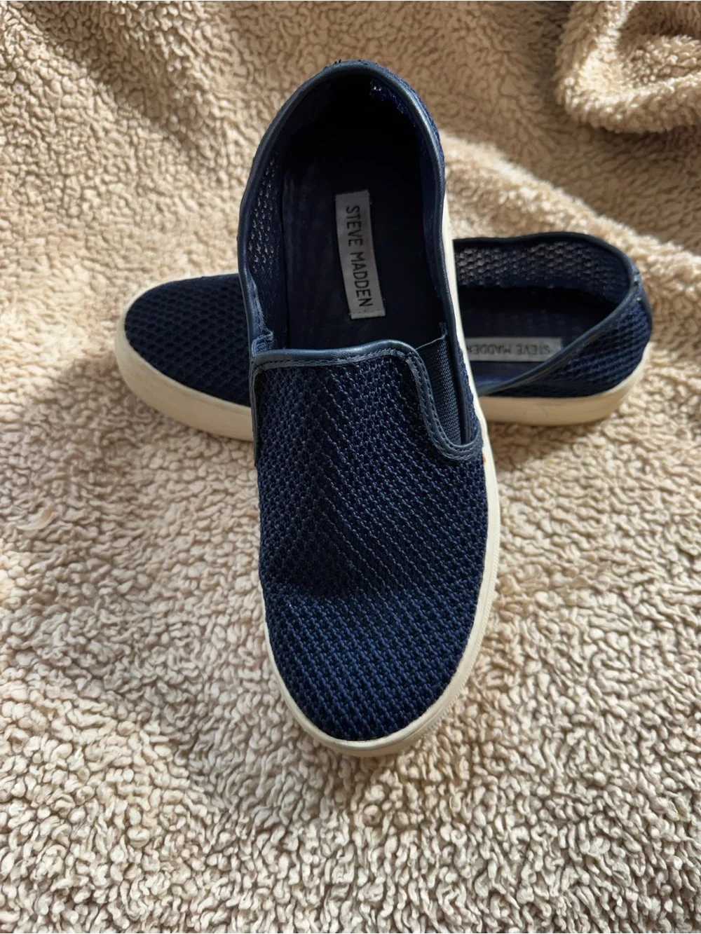 Navy Steve Madden Knit Slip-On Sneaker with White Platform Sole
